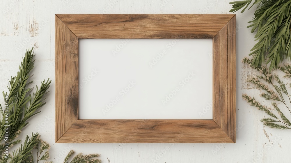 Rustic Wooden Picture Frame on White Wooden Background with Greenery, Perfect for Home Decor, Art Display, and Photography Projects Rustic Wooden Picture Frame on White Wooden Background with Greenery, Perfect for Home Decor, Art Display, and Photography Projects