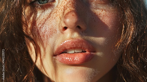 Close-up of a woman's face with freckles and wet hair