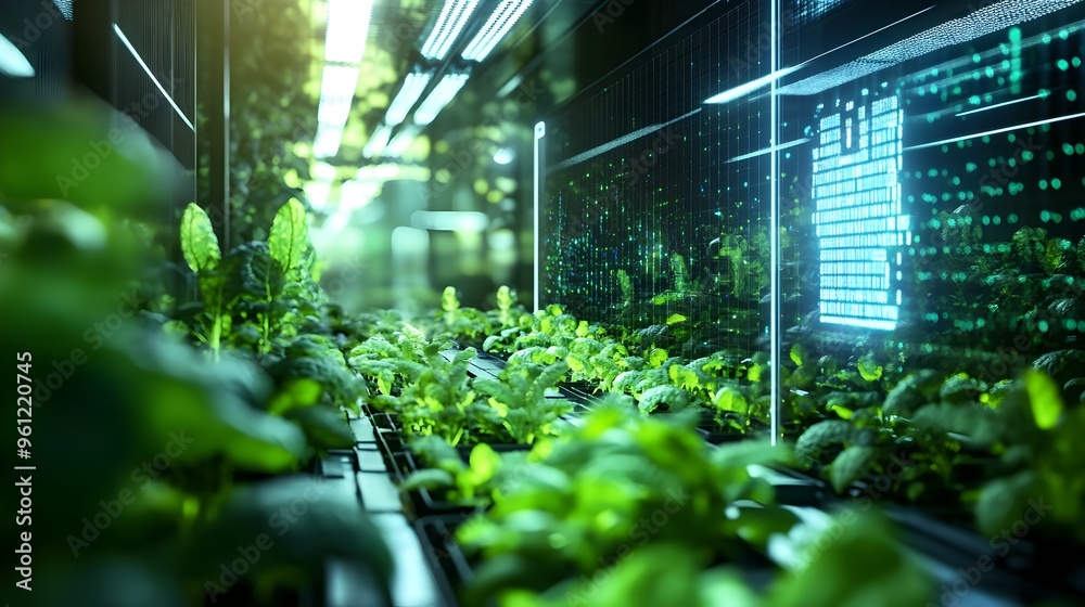 Holographic projection showcasing the innovative use of hydroponics technology in a futuristic sustainable urban farming setting Holographic projection showcasing the innovative use of hydroponics technology in a futuristic sustainable urban farming setting