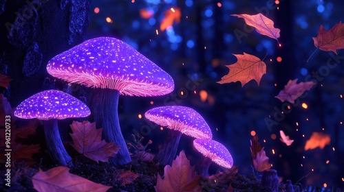 Enchanting Night Forest with Glowing Purple Mushrooms and Falling Autumn Leaves, Illuminated by Magical Light, Creating a Mystical and Fantasy Atmosphere