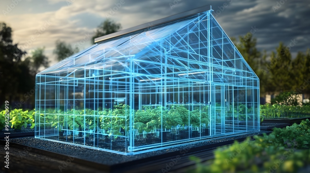 Holographic 3D model displaying a modern high tech greenhouse designed for efficient and sustainable agricultural applications Holographic 3D model displaying a modern high tech greenhouse designed for efficient and sustainable agricultural applications