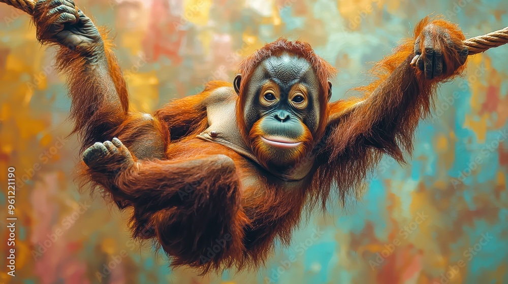 3D orangutan swinging from a branch with a soft pastel background on the right, symbolizing the playful primates in a zoo, style of 3D orangutan swinging from a branch with a soft pastel background on the right, symbolizing the playful primates in a zoo, style of