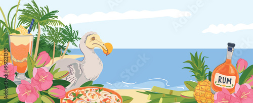 Panoramic horizontal view from the beach of Mauritius island. Dodo bird, trochetia boutoniana flowers, pineapple, rum, cocktail. Vector landmarks in flat style. Tropical paradise lagoon to relax.