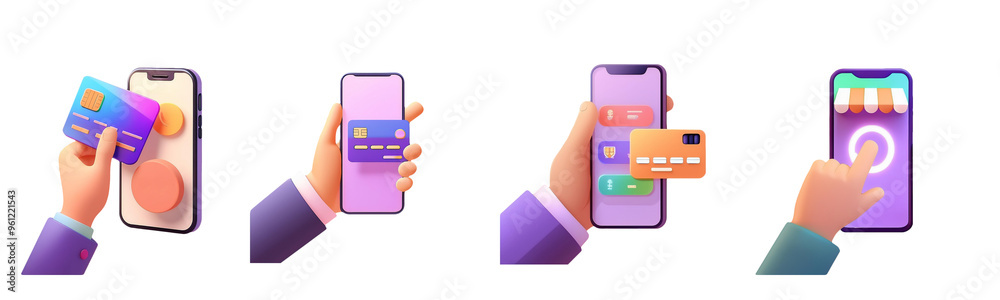 3D Glowing Online Payment isolated Icon, Hand with Card on Phone Background, Bright Colors 3D Glowing Online Payment isolated Icon, Hand with Card on Phone Background, Bright Colors