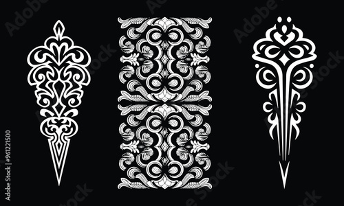 A set of three ornamental decorative vector designs featuring complex floral and symmetrical patterns, perfect for creative projects  