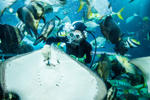 View of the fishes at the Underwater Tunnel at the National Museum of Marine Biology and Aquarium in Kenting National Park of Pingtung, Taiwan.