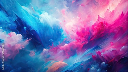 Abstract painting with pink and blue colors and soft brush strokes, creating depth of field