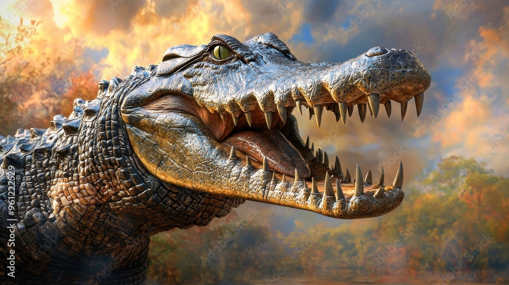 Obraz premium 3D crocodile with powerful jaws and a soft pastel background on the right, representing ancient predators in a zoo, style of