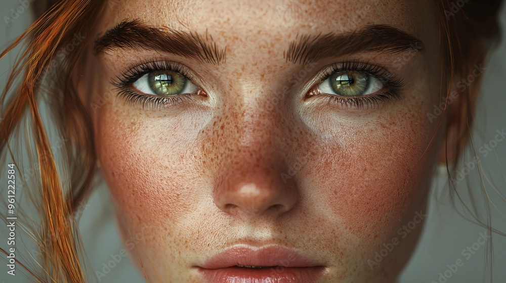 Closeup Portrait of a Young Woman with Green Eyes and Freckles Closeup Portrait of a Young Woman with Green Eyes and Freckles