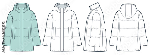 Hooded Down Jacket technical fashion Illustration. Bell Sleeve Jacket fashion flat technical drawing template, pockets, front, side and back view, white, green, women, men, unisex CAD mockup set.