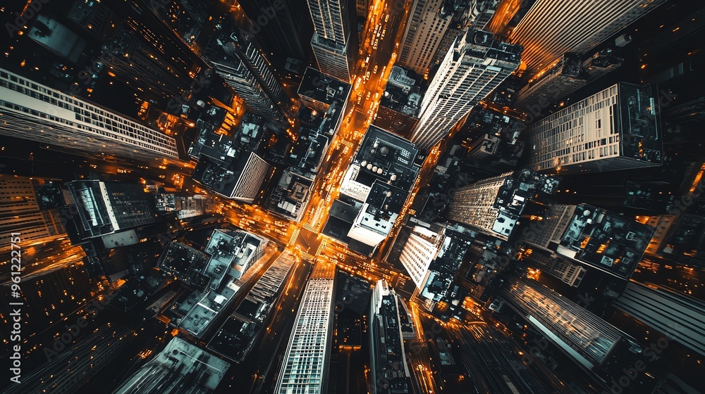An aerial perspective of a bustling cityscape at sunset An aerial perspective of a bustling cityscape at sunset