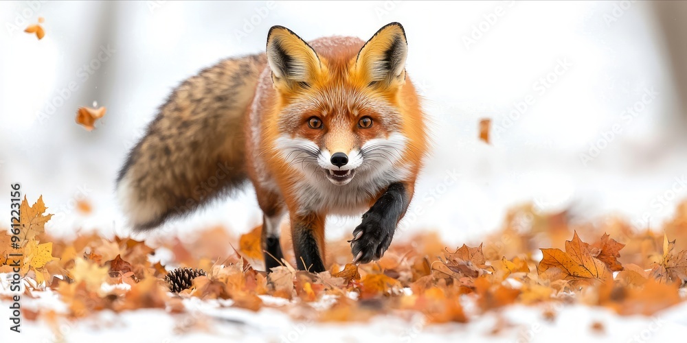 Fototapeta premium Wild Red Fox in Autumnal Forest Amidst Falling Leaves