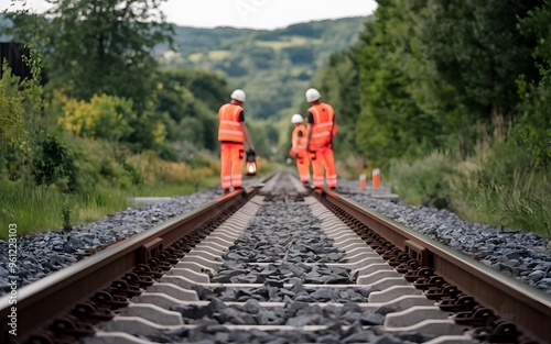 A photo of focused railway tracks. There's a blurred background with railroad workers in high visibility clothing inspecting the site.
