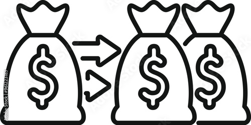 Money bag transferring cash to two money bags symbolizing investment diversification