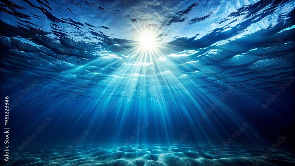 Dark blue ocean surface seen from underwater, with sunlight filtering through and creating a mesmerizing view Dark blue ocean surface seen from underwater, with sunlight filtering through and creating a mesmerizing view