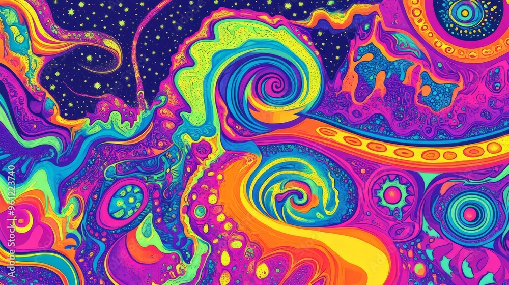 Psychedelic Dreams. A vibrant swirling psychedelic pattern with neon colors and intricate details, reminiscent of 1960s art, emphasizing fluid shapes and energetic movement Psychedelic Dreams. A vibrant swirling psychedelic pattern with neon colors and intricate details, reminiscent of 1960s art, emphasizing fluid shapes and energetic movement