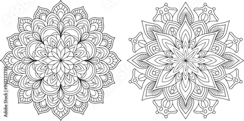 Two beautifully detailed mandala-style vector illustrations featuring floral and geometric patterns, perfect for creative and artistic projects.