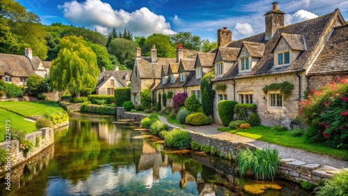 Picturesque View Of Stone Buildings Lining The Banks Of A Tranquil River In The Quaint Cotswold Village Of Bibury, Uk. photo