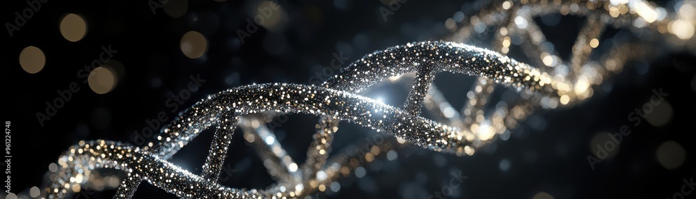 DNA strand composed of shimmering particles, radiant helix, top view, representing the sparkle of life, robotic tone, Monochromatic Color Scheme, 4k ultra hd, copy space for text DNA strand composed of shimmering particles, radiant helix, top view, representing the sparkle of life, robotic tone, Monochromatic Color Scheme, 4k ultra hd, copy space for text