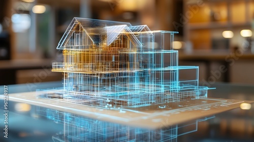 Fototapeta Naklejka Na Ścianę i Meble -  Holographic time lapse visualization showcasing the full construction process of a residential house project from initial foundation to final completion