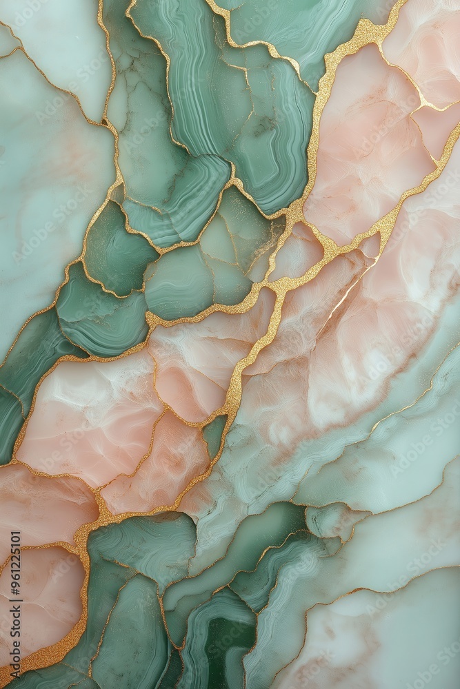 Obraz premium Liquid Art in Soft Sage Green, Blush Pink, and Cream with Delicate Gold Veins for Serenity