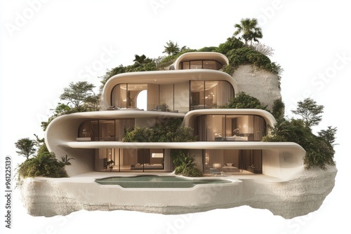 a sketchy scene of an organic shaped contemporary club house with terraces encrusted in a small mountain.  photo