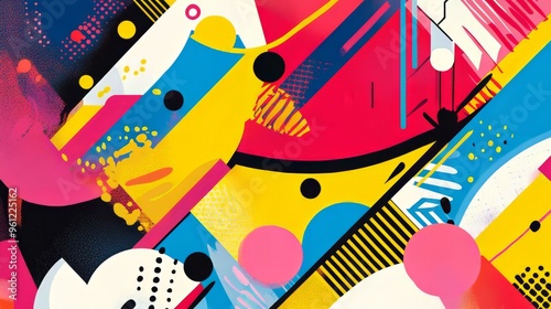 Psychedelic Pop Art. An abstract pop art piece with vivid geometric shapes and psychedelic color schemes, blending bold patterns and dynamic contrasts in a playful composition photo