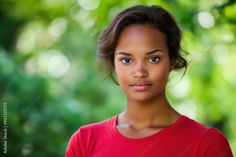 A close-up portrait of a young black woman wearing a casual t-shirt, with a blurred background. A close-up portrait of a young black woman wearing a casual t-shirt, with a blurred background.