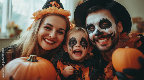 Family celebrates Halloween by dressing up as ghosts full of happiness together photo