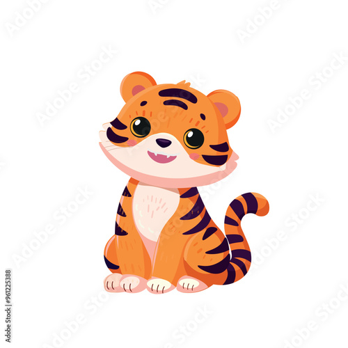 Tiger cute childish cartoon illustration. Vector tiger isolated on white background Flat design element baby tiger sitting