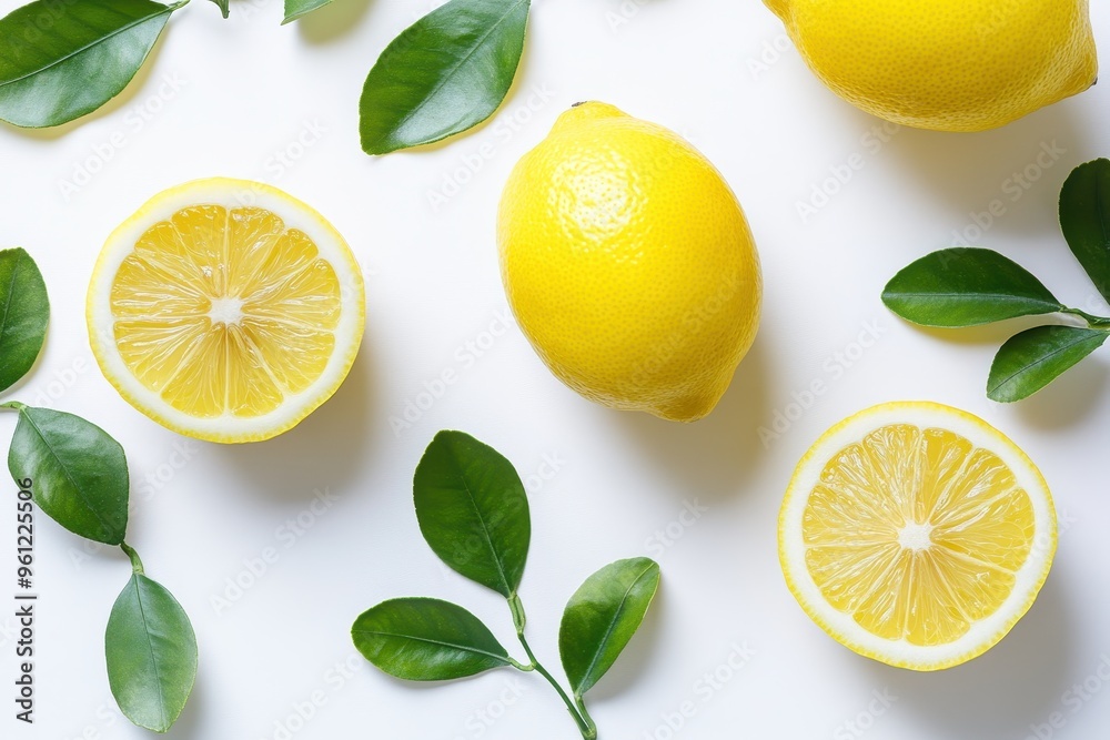 Fresh lemons and green leaves arranged on a white background. Fresh lemons and green leaves arranged on a white background.