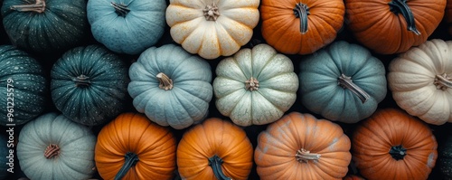 Top view of assorted colorful pumpkins in autumn colors, perfect for fall themes