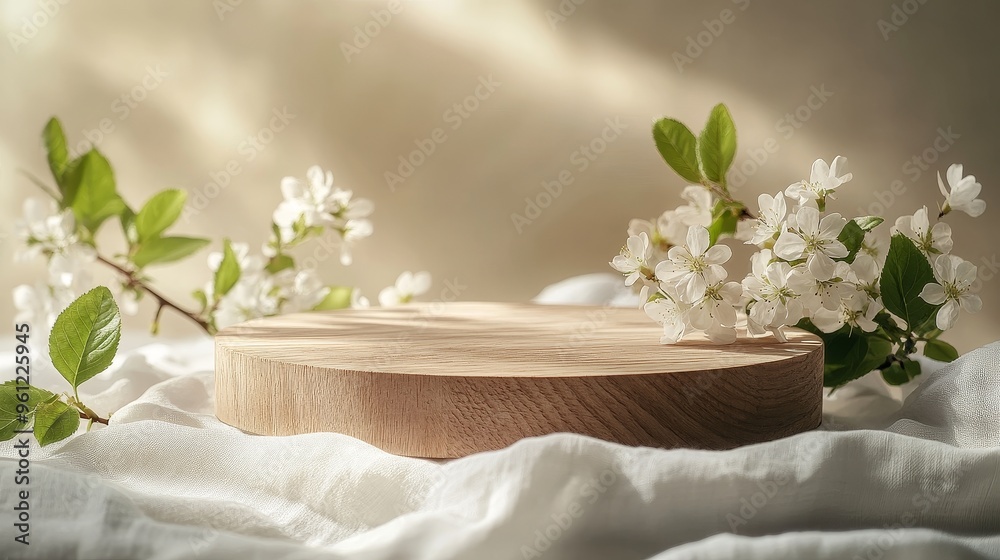 A circular wooden display stand taken up close is placed on a soft white cloth, surrounded by delicate flowers and green leaves. Set against a beige background, minimalist design style A circular wooden display stand taken up close is placed on a soft white cloth, surrounded by delicate flowers and green leaves. Set against a beige background, minimalist design style