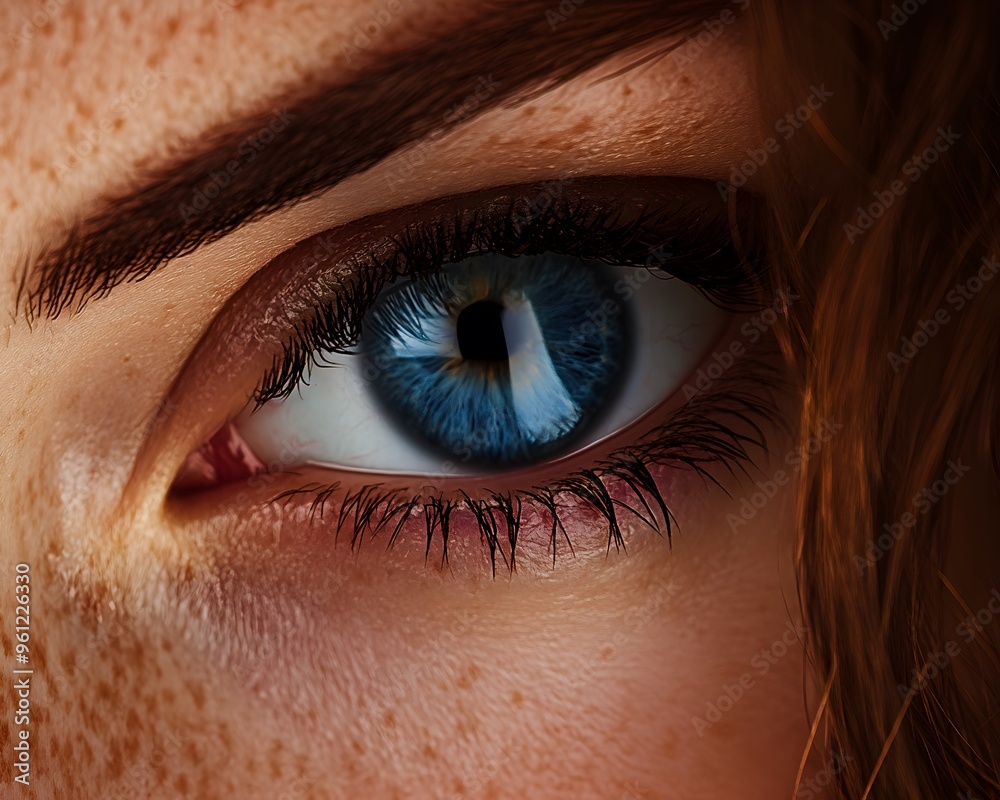 Fototapeta premium Close Up Blue Eye With Freckles and Eyelashes
