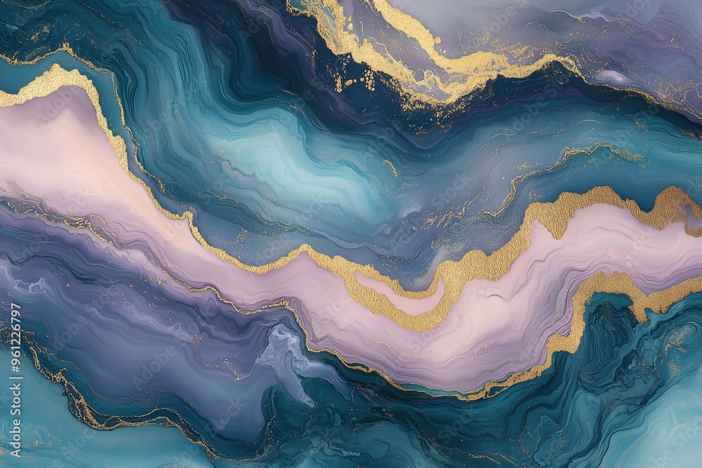 Liquid Marbling in Muted Teal, Mauve, and Gold Highlights for a Soothing and Luxurious Design