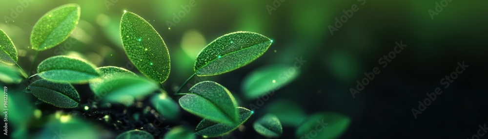 Obraz premium Close-up view of fresh green leaves with dew droplets, showcasing vibrant colors and natural beauty in a lush environment.