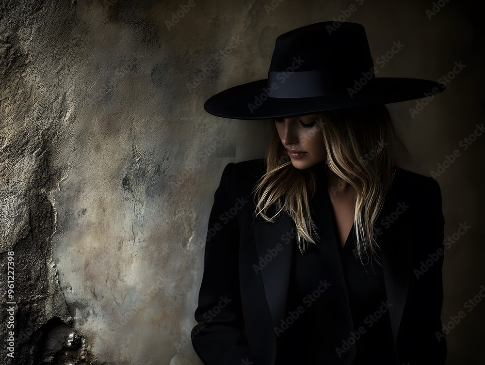 Woman in Black Hat and Suit Against Textured Wall Woman in Black Hat and Suit Against Textured Wall