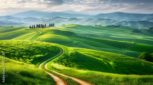 Rural landscape with dirt road and green meadows at sunset