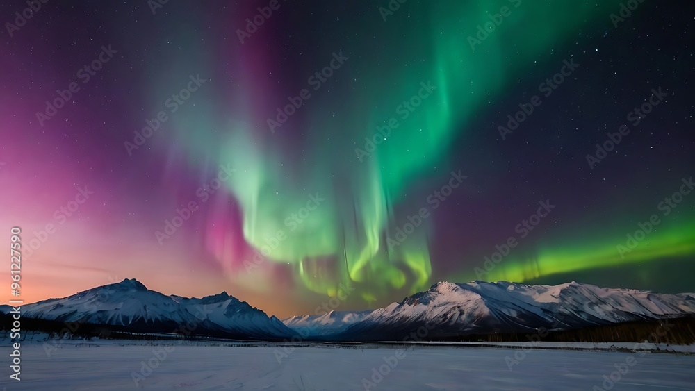 Northern aurora borealis in a dark night mountains and frozen sea landscape view, purple and green polar lights