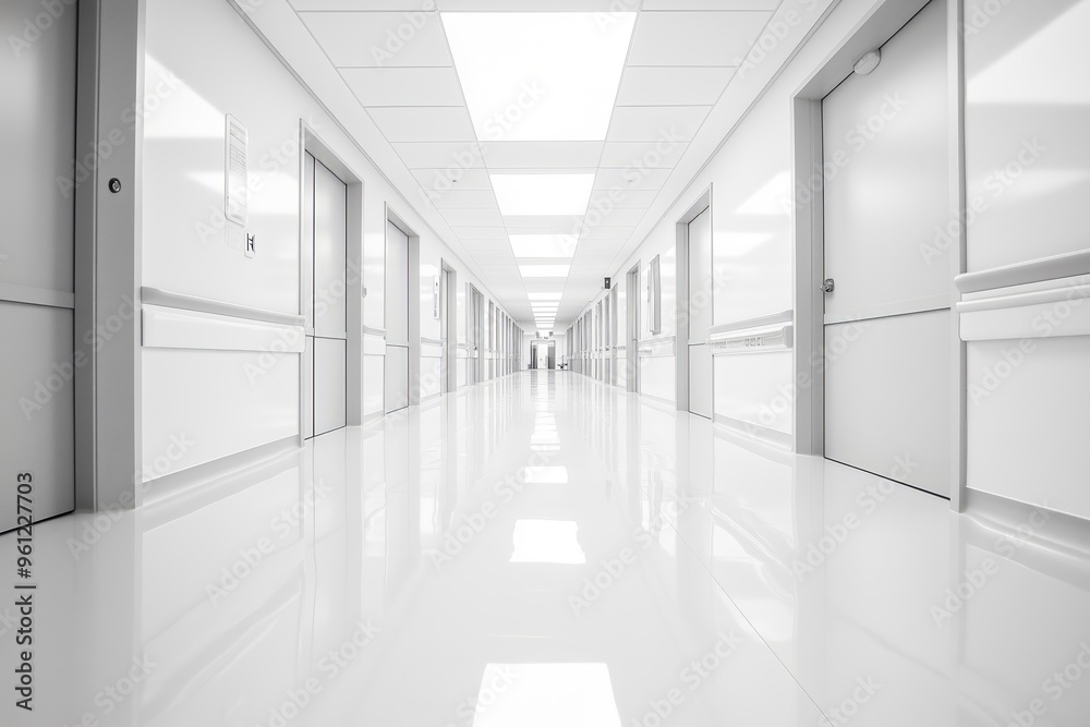 Walking down empty hospital corridor with bright lights reflecting on shiny floor, white walls and clean design create modern, sterile atmosphere Walking down empty hospital corridor with bright lights reflecting on shiny floor, white walls and clean design create modern, sterile atmosphere