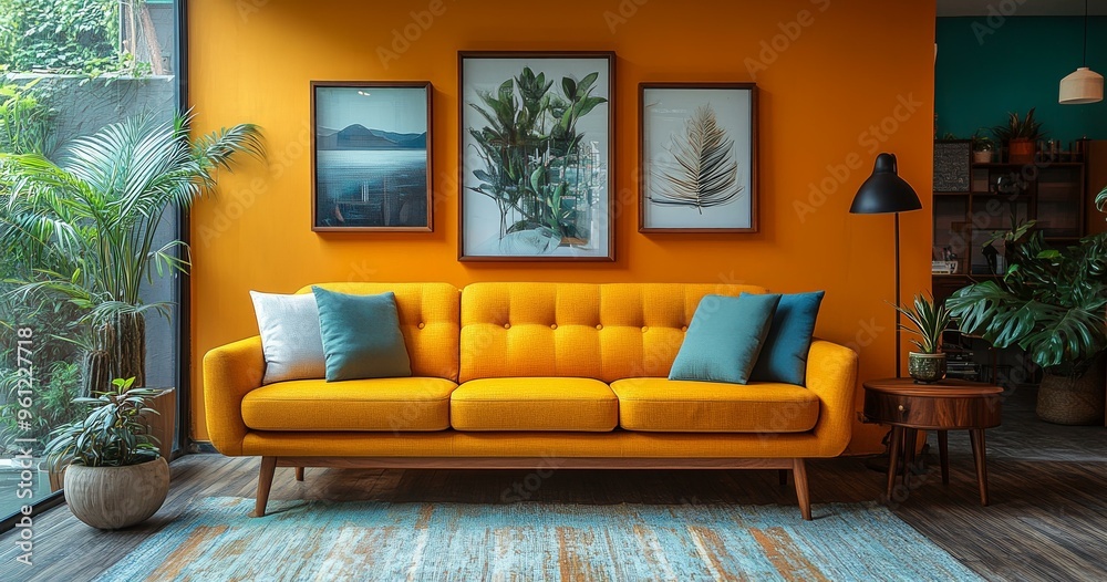 Fototapeta premium Contemporary Living Room with Vibrant Orange Wall