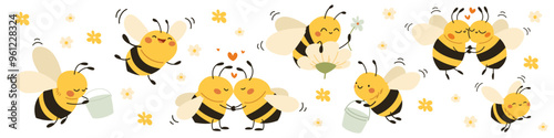 Vector collection of cute children's illustrations. Cute bees collecting honey, hugging kissing and flying. . Vector illustration