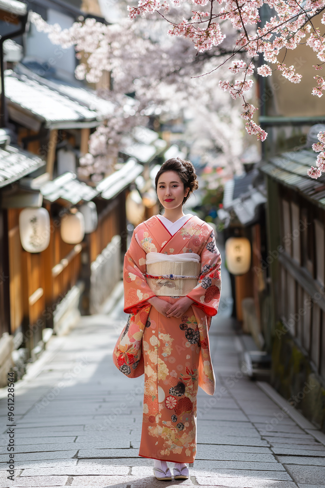 The scene is serene and peaceful, with the woman's elegant attire