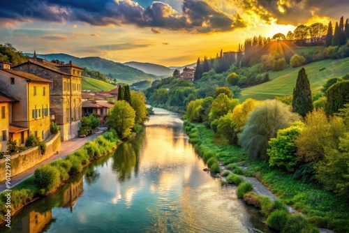 Serene River Flowing Through The Picturesque Italian Countryside, Surrounded By Lush Greenery And Rolling Hills Bathed In Golden Sunlight photo