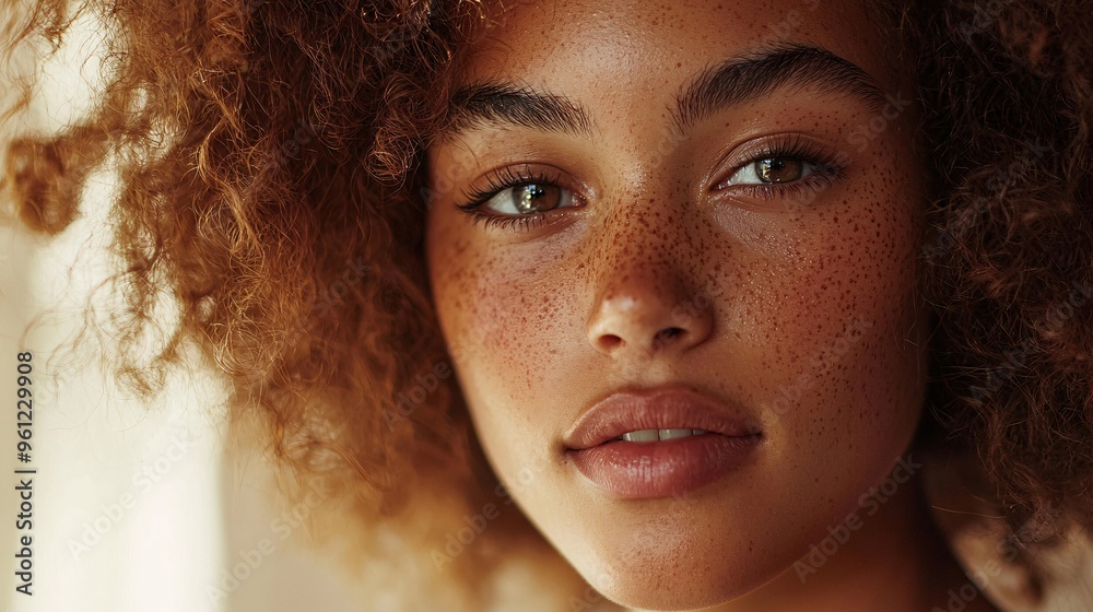 Close-up portrait of a young woman with freckles and curly hair Close-up portrait of a young woman with freckles and curly hair