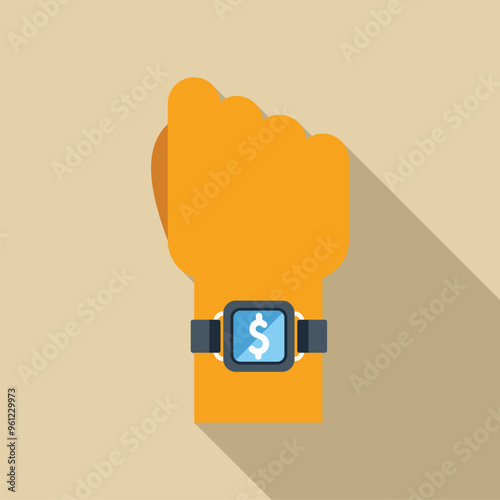 Hand wearing smartwatch displaying dollar sign on screen, representing mobile payment and finance technology