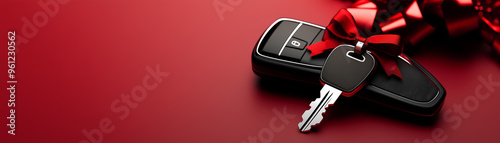 Car Key Gift with Red Bow on Red Background
