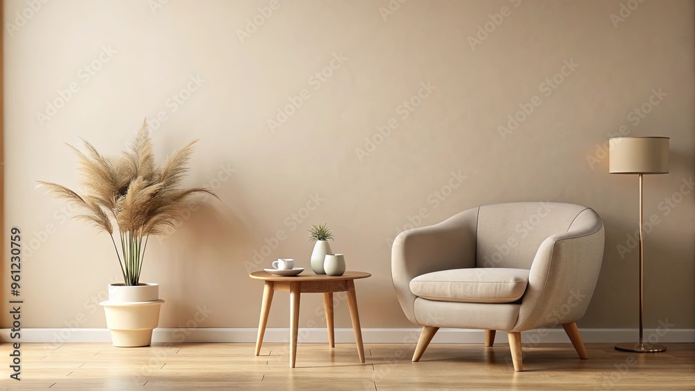 Warm neutral interior wall mockup with soft minimalist living room decor, including a rounded beige armchair and wooden side table Warm neutral interior wall mockup with soft minimalist living room decor, including a rounded beige armchair and wooden side table