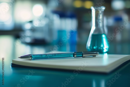 A Blue Pen and Notebook on a Lab Table with a Beaker