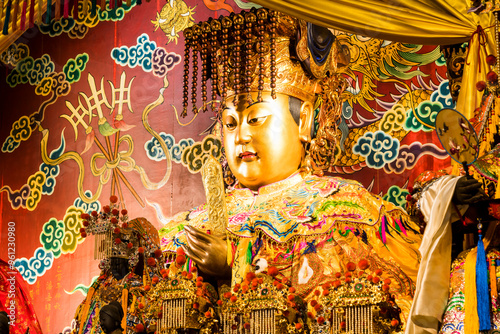 The main hall of the Great Mazu Temple in Tainan, Taiwan, enshrined statues of Mazu. the Mazu is a deified form of the medieval Fujianese shamaness Lin Moniang.